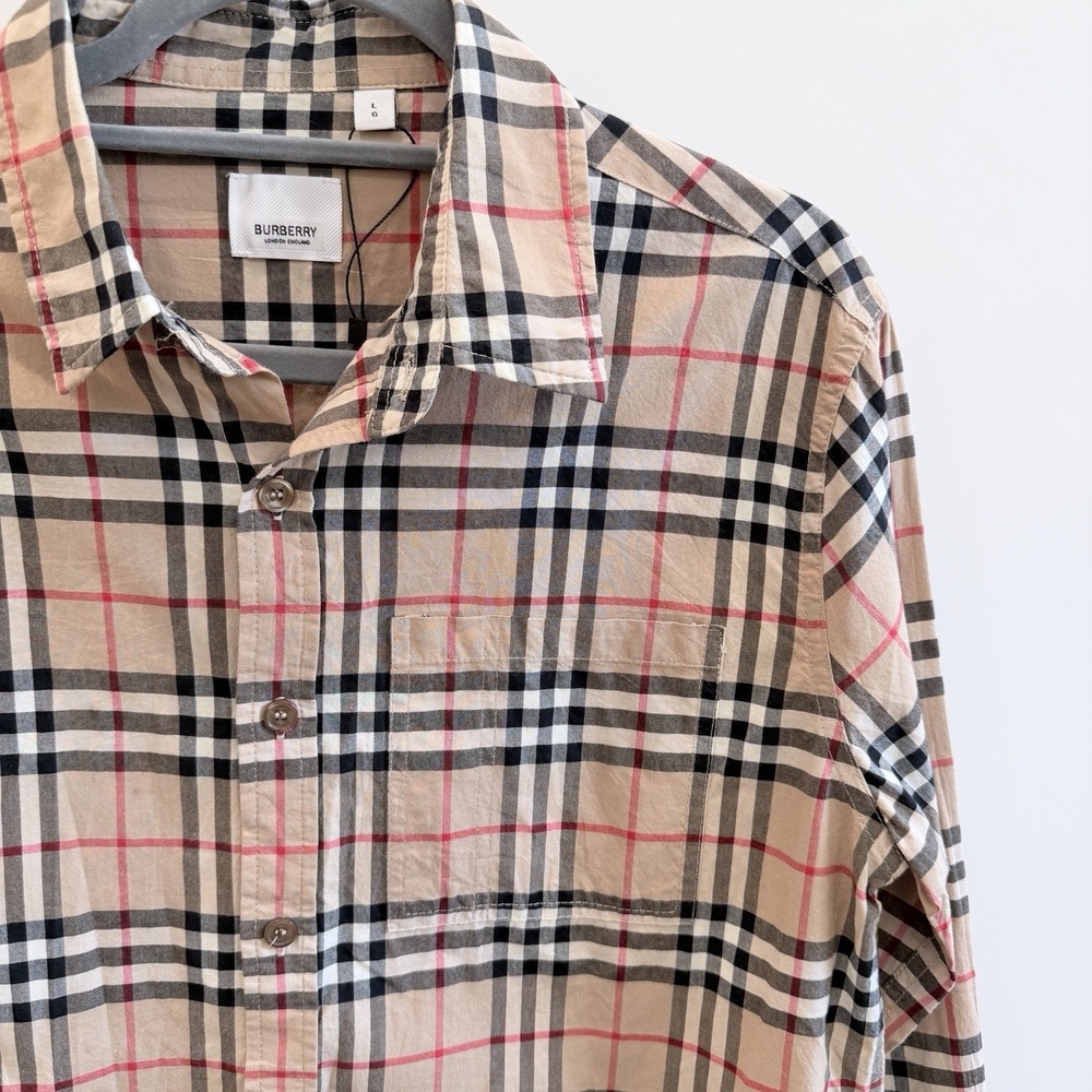 Burberry London England Check Logo Print Button Shirt Beige Men's Large - Picture 2 of 15